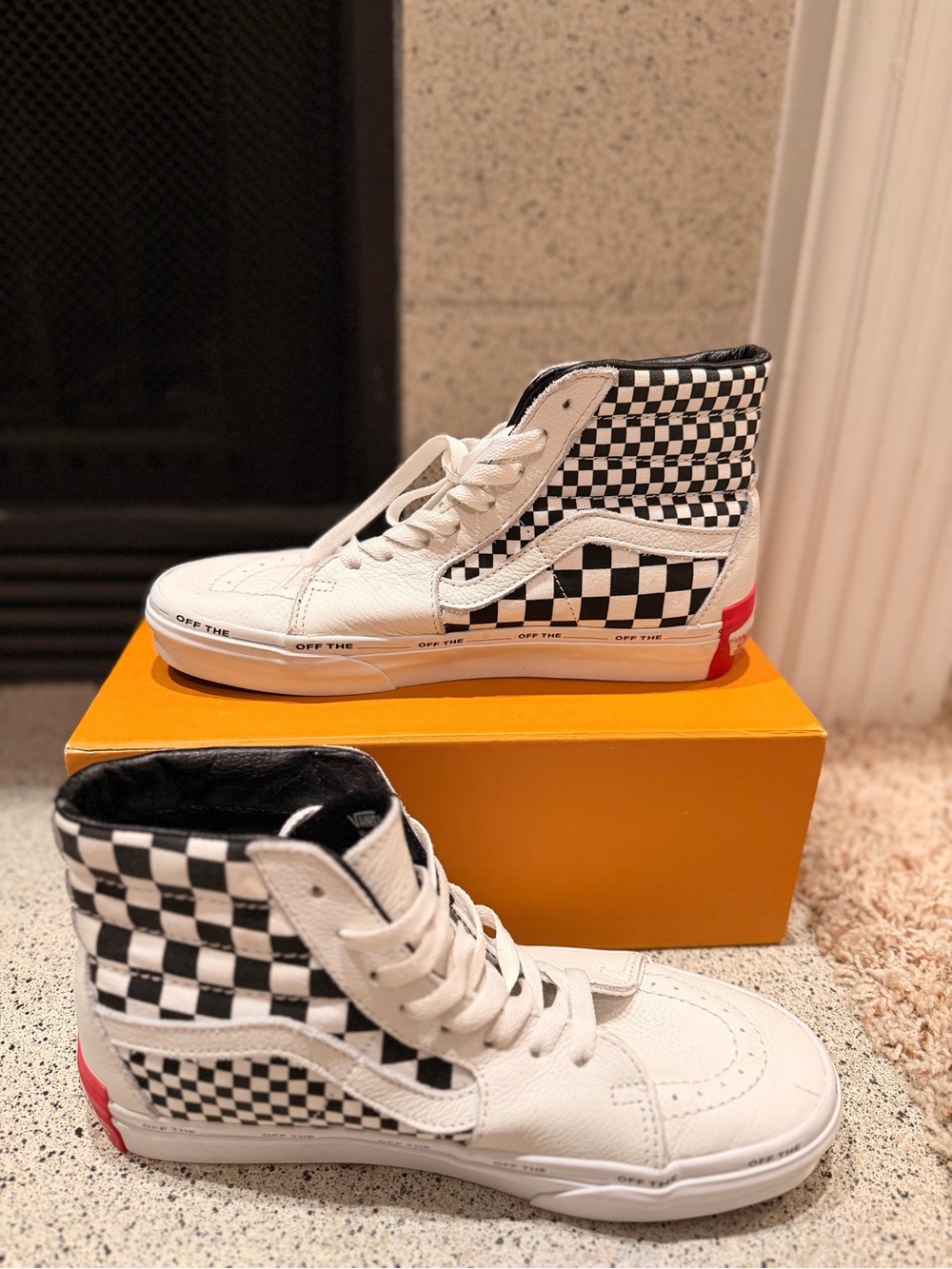 Vans Checkerboard High-Top Sneakers - White, Black & Red